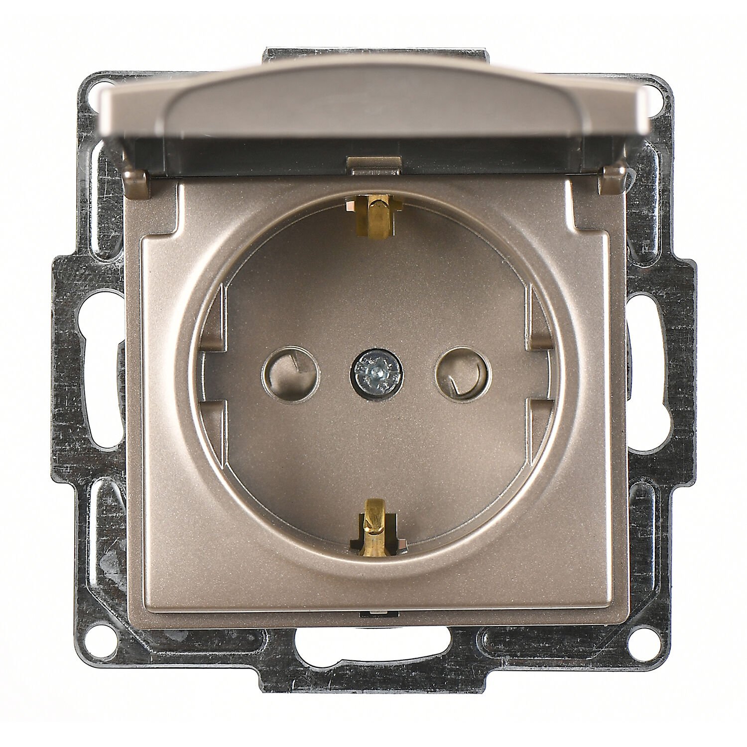 Günsan Visage Metalik Bej Çocuk Korumalı Kapaklı Topraklı Priz - 16A 250V - Vidalı