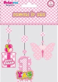 Çocuk 1 Yaş Temalı Asmalı İp Süs Pembe Renk 3 lü Set 12x45 cm