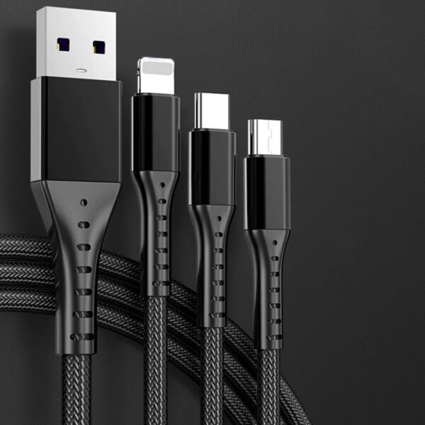 3IN1 SİYAH 1.2 METRE (MICRO USB - LIGHTNING - TYPE C) TELEFON ŞARJ KABLOSU (K0) - Görsel 3