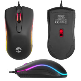 EVEREST SM-M9 1000 DPI USB RGB RAİNBOW LEDLİ SİYAH 3D OPTİK LED MOUSE (K0)