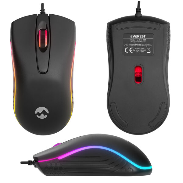 EVEREST SM-M9 1000 DPI USB RGB RAİNBOW LEDLİ SİYAH 3D OPTİK LED MOUSE (K0) - Görsel 2