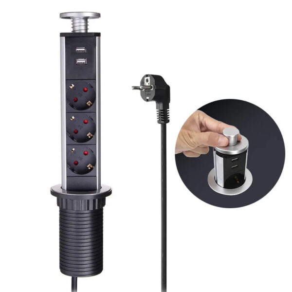 VEA VE-24062 ÜÇLÜ 1.5 METRE KABLOLU İKİ USBLİ 60MM MASAÜSTÜ PRİZ (K0)