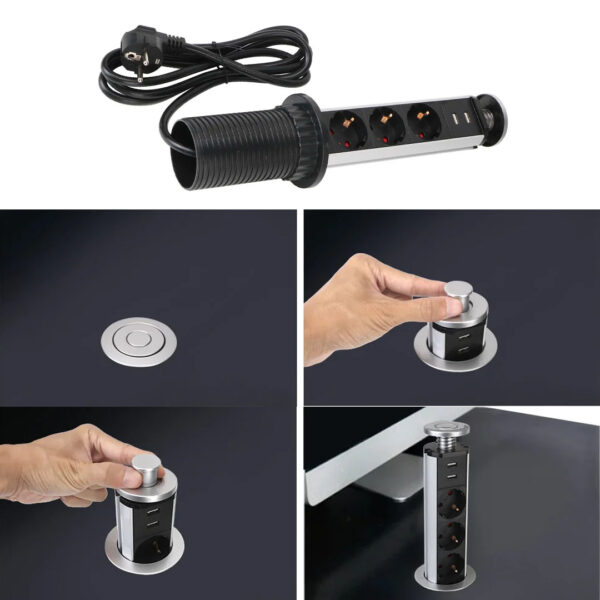 VEA VE-24062 ÜÇLÜ 1.5 METRE KABLOLU İKİ USBLİ 60MM MASAÜSTÜ PRİZ (K0) - Görsel 3