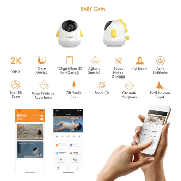 YAPAY ZEKA DESTEKLİ 360° GECE GÖRÜŞLÜ SARI WİFİ BEBEK GÜVENLİK KAMERASI (K0) - Görsel 3