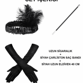 192039ler Gatsby Aksesuar Seti – Siyah Charleston Saç Bandı, Uzun Eldiven  Lık