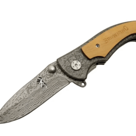 2-31 Damascus Kamp Çakı 19,5cm - Yarı Otomatik, Kemerlikli, Ahşap Metal Sap