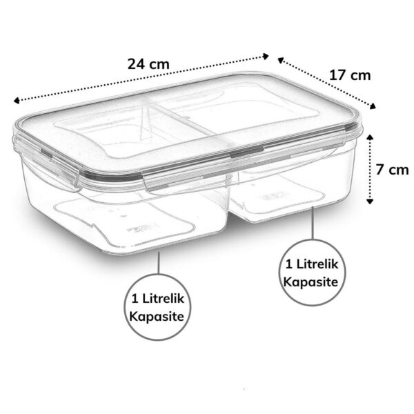 2 Bölmeli 1+1 Litre Kilitli Kapaklı Erzak Saklama Kabı LC-525 (K0) - Görsel 2