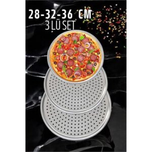 Turk Delikli Pizza Lahmacun Tepsisi Çelik 28-32-36 CM 3 lü SET