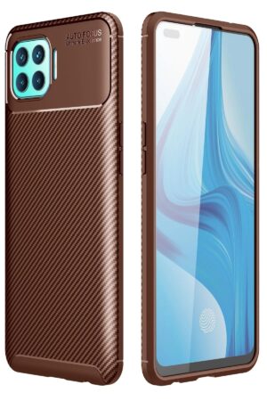 Oppo Reno 4 Lite Kılıf Auto Focus Karbon Kapak - Kahverengi-(5796)