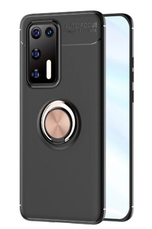 Huawei P40 Kılıf Range Yüzüklü Silikon - Siyah-Gold-(5796)