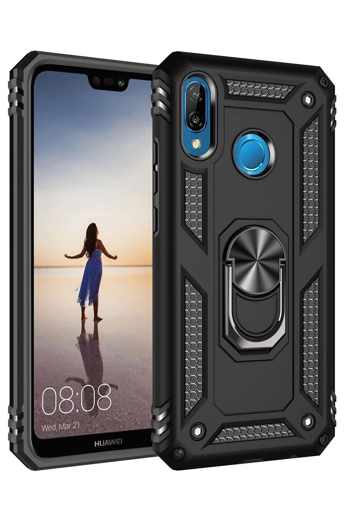 Huawei P20 Lite Kılıf Sofya Yüzüklü Silikon Kapak - Siyah-(5796)