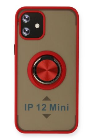 iPhone 12 Mini Kılıf Montreal Yüzüklü Silikon Kapak - Kırmızı-(5796)