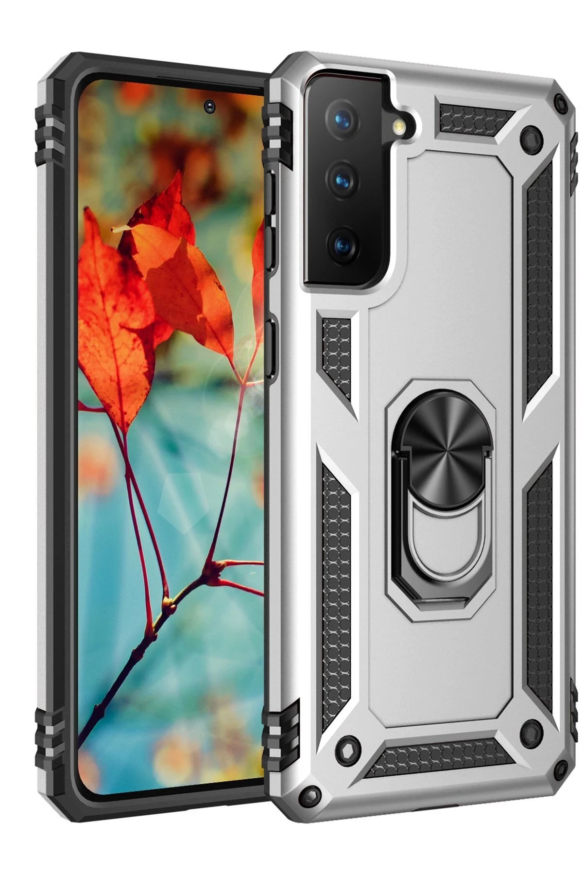 Samsung Galaxy S21 Kılıf Sofya Yüzüklü Silikon Kapak - Gümüş-(5796)