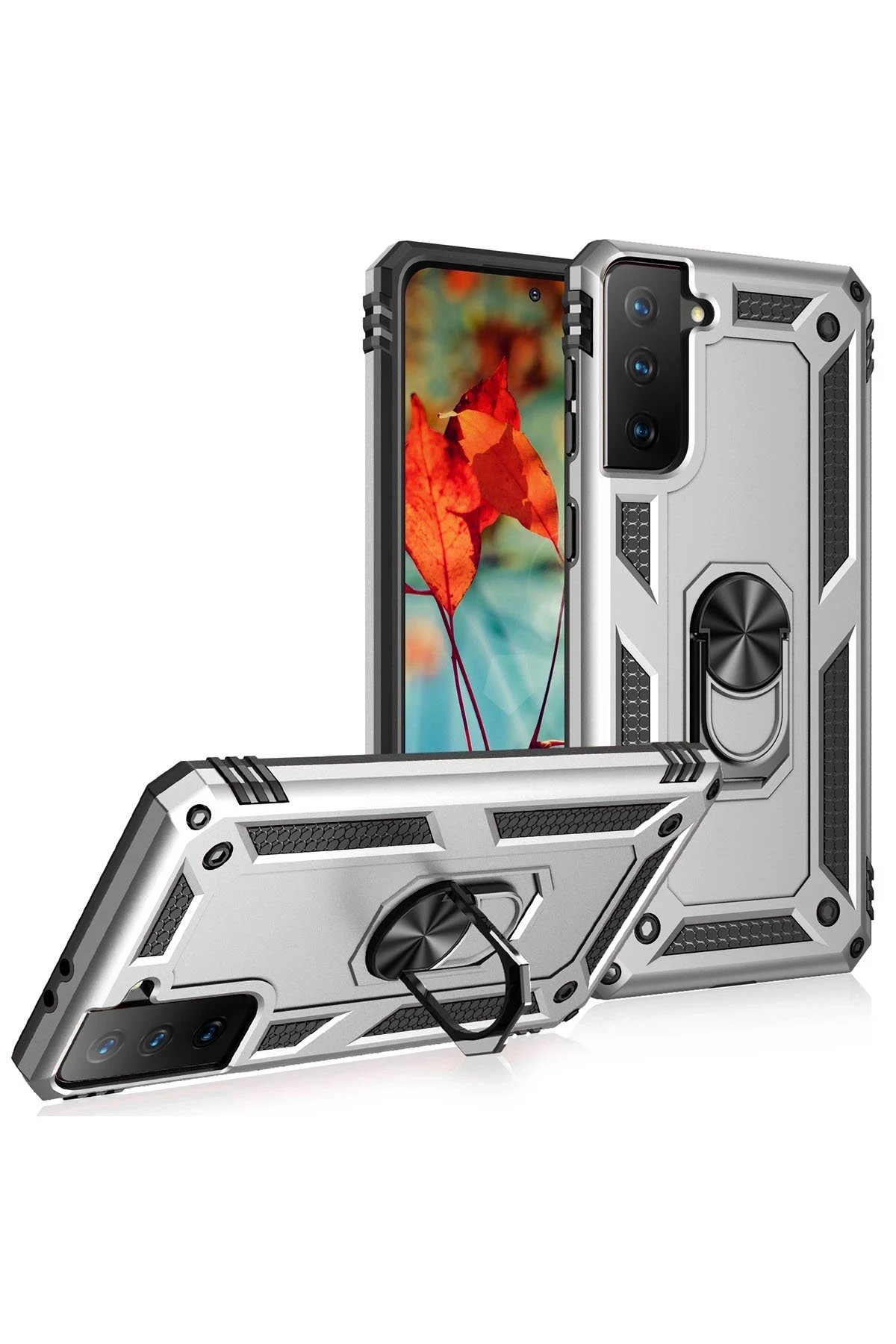 Samsung Galaxy S21 Kılıf Sofya Yüzüklü Silikon Kapak - Gümüş-(5796) - Görsel 2