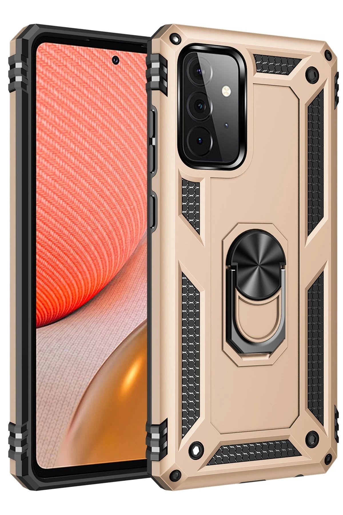 Samsung Galaxy A72 Kılıf Sofya Yüzüklü Silikon Kapak - Gold-(5796)