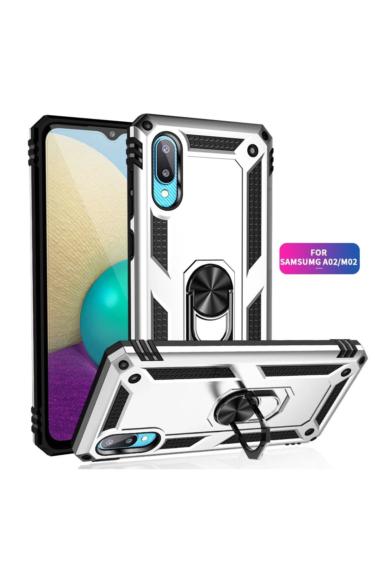 Samsung Galaxy A02 Kılıf Sofya Yüzüklü Silikon Kapak - Gümüş-(5796) - Görsel 2