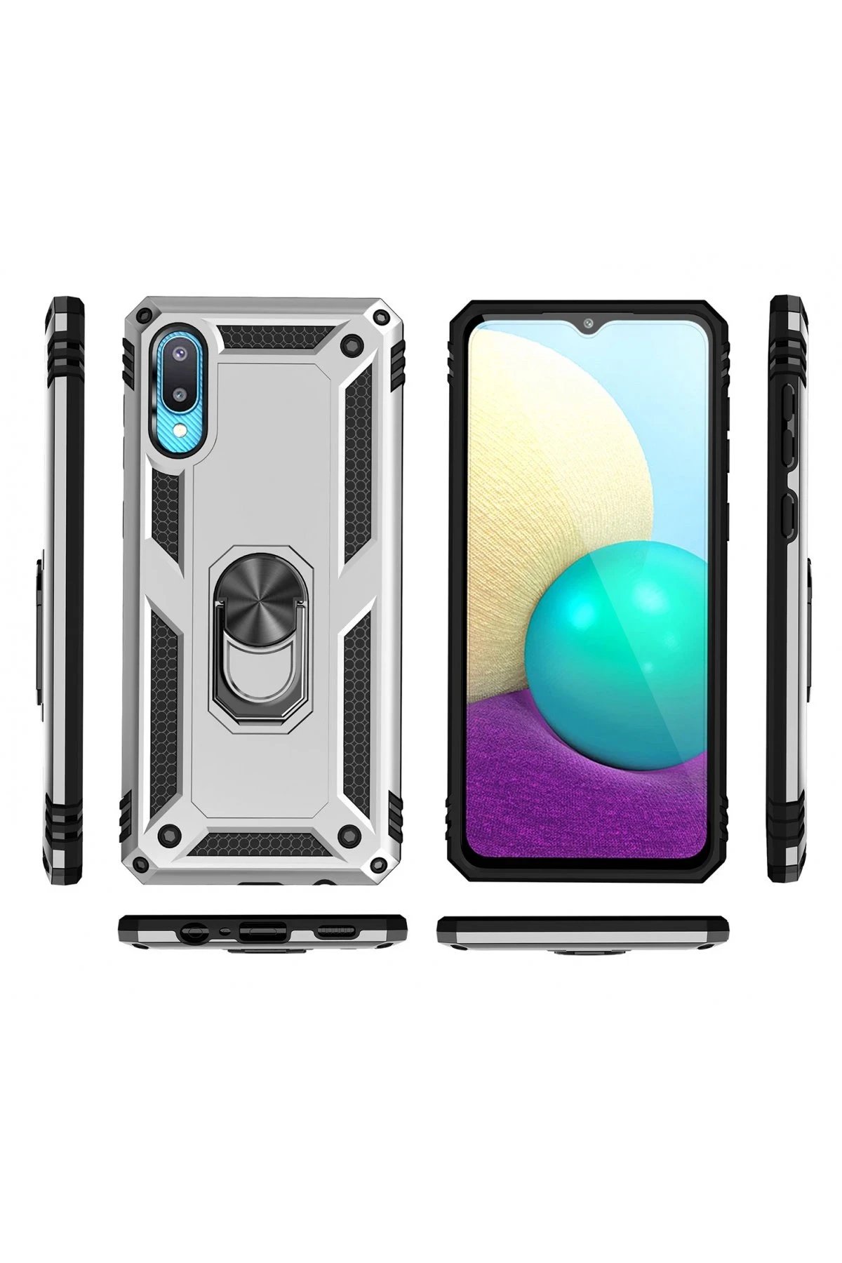 Samsung Galaxy A02 Kılıf Sofya Yüzüklü Silikon Kapak - Gümüş-(5796) - Görsel 3