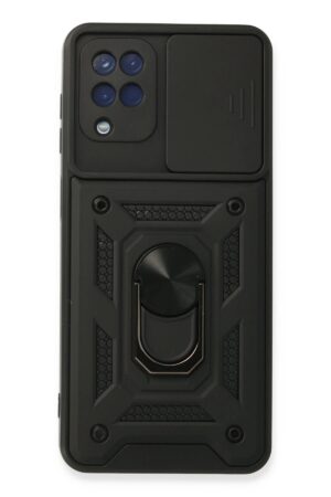 Samsung Galaxy A22 Kılıf Pars Lens Yüzüklü Silikon - Siyah-(5796)