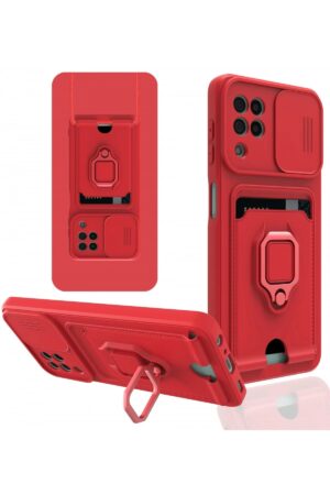 Samsung Galaxy A22 Kılıf Zuma Kartvizitli Yüzüklü Silikon - Kırmızı-(5796)