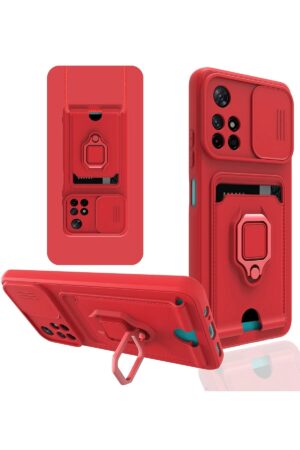 Xiaomi Redmi Note 11T Kılıf Zuma Kartvizitli Yüzüklü Silikon - Kırmızı-(5796)