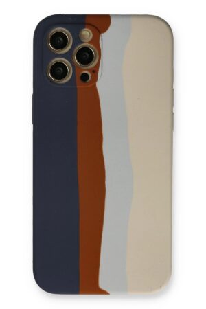 iPhone 12 Pro Max Kılıf Ebruli Lansman Silikon - Lacivert-Krem-(5796)