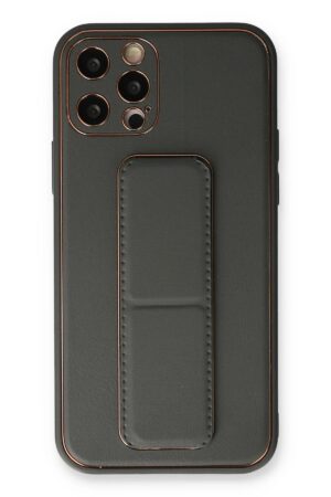 iPhone 12 Pro Kılıf Coco Deri Standlı Kapak - Füme-(5796)