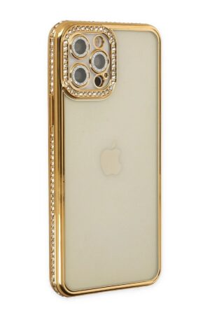 iPhone 12 Pro Kılıf Joke Taşlı Silikon - Gold-(5796)
