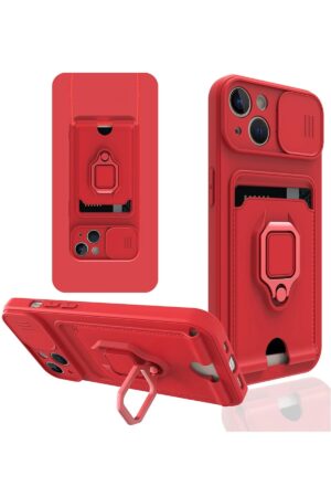 iPhone 14 Kılıf Zuma Kartvizitli Yüzüklü Silikon - Kırmızı-(5796)