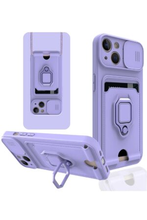 iPhone 14 Kılıf Zuma Kartvizitli Yüzüklü Silikon - Lila-(5796)