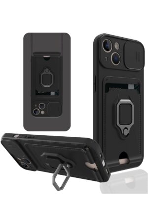 iPhone 14 Plus Kılıf Zuma Kartvizitli Yüzüklü Silikon - Siyah-(5796)