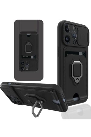 iPhone 14 Pro Kılıf Zuma Kartvizitli Yüzüklü Silikon - Siyah-(5796)