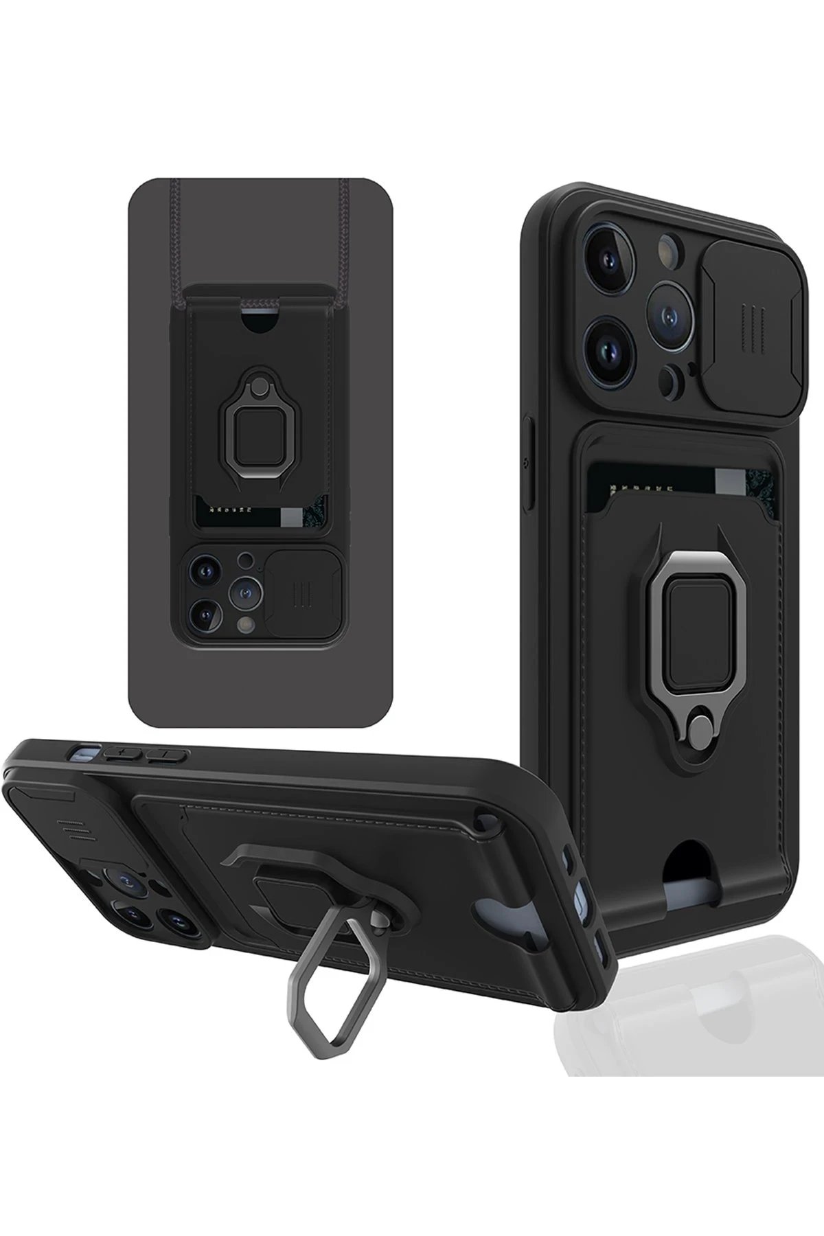 iPhone 14 Pro Kılıf Zuma Kartvizitli Yüzüklü Silikon - Siyah-(5796)