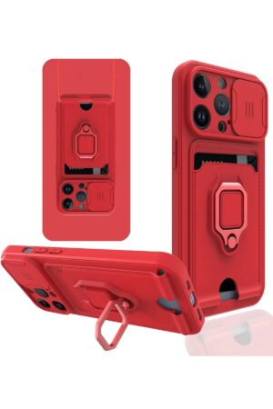 iPhone 14 Pro Max Kılıf Zuma Kartvizitli Yüzüklü Silikon - Kırmızı-(5796)