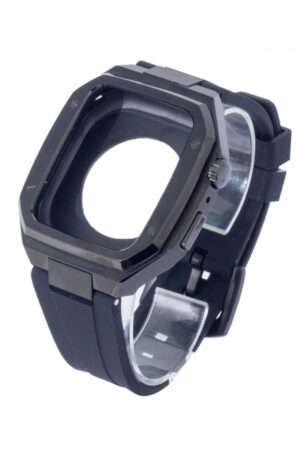 Apple Watch 44mm KR402 Metal Kasa Silikon Kordon - Siyah-(5796)