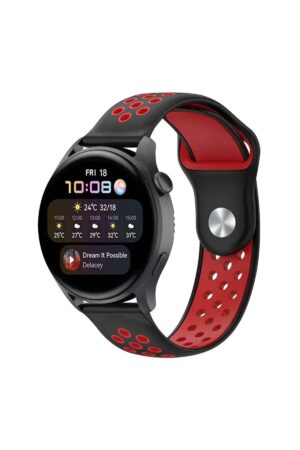 Watch 20mm Spor Delikli Kordon - Siyah-Kırmızı-(5796)