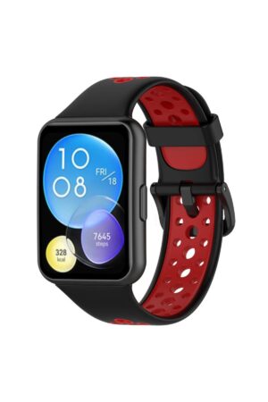 Huawei Watch Fit 2 Spor Delikli Kordon - Siyah-Kırmızı-(5796)