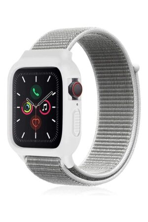 Apple Watch 38mm Hasırlı Cırtcırtlı Kasalı Kordon - Beyaz-(5796)