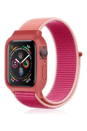 Apple Watch 38mm Hasırlı Cırtcırtlı Kasalı Kordon - Pudra-(5796)