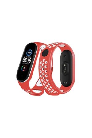 Xiaomi Mi Band 6 Spor Delikli Kordon - Kırmızı-Beyaz-(5796)