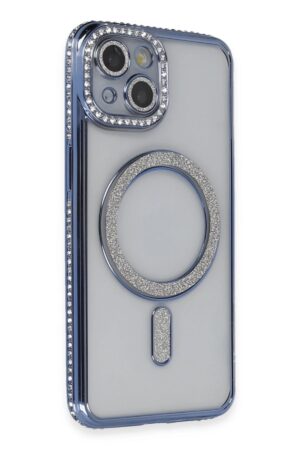 iPhone 14 Kılıf Joke Simli Magneticsafe Kılıf - Mavi-(5796)