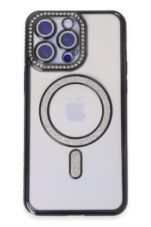 iPhone 14 Pro Kılıf Joke Simli Magneticsafe Kılıf - Siyah-(5796)