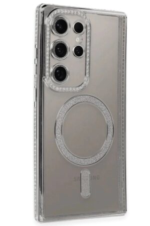 Samsung Galaxy S24 Ultra Kılıf Joke Simli Magneticsafe Kılıf - Gümüş-(5796)