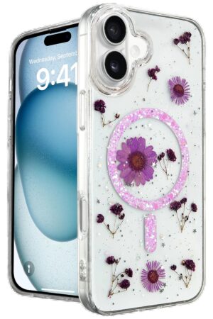 iPhone 16 Kılıf Daisy Simli Magsafe Kapak - Mor-(5796)