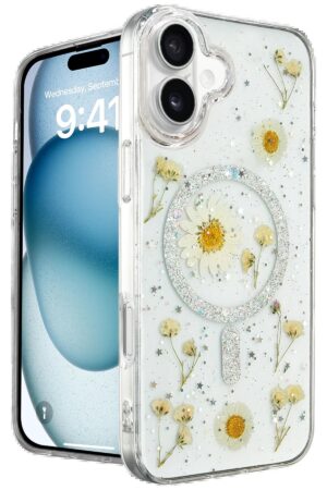 iPhone 16 Kılıf Daisy Simli Magsafe Kapak - Gümüş-(5796)