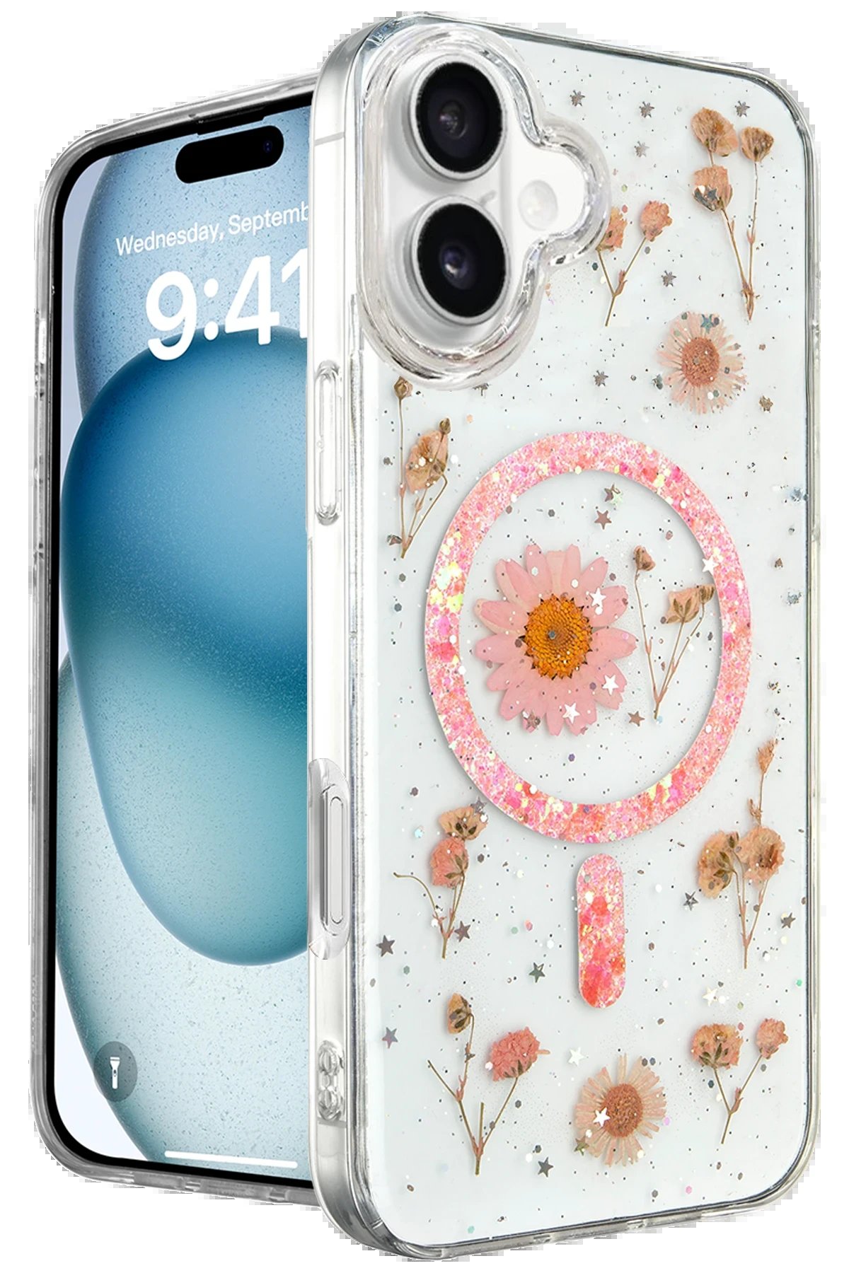 iPhone 16 Kılıf Daisy Simli Magsafe Kapak - Pembe-(5796)