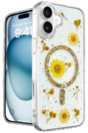 iPhone 16 Kılıf Daisy Simli Magsafe Kapak - Gold-(5796)