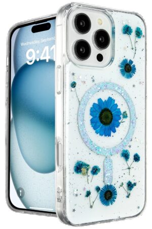 iPhone 16 Pro Kılıf Daisy Simli Magsafe Kapak - Mavi-(5796)