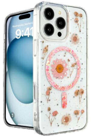 iPhone 16 Pro Kılıf Daisy Simli Magsafe Kapak - Pembe-(5796)