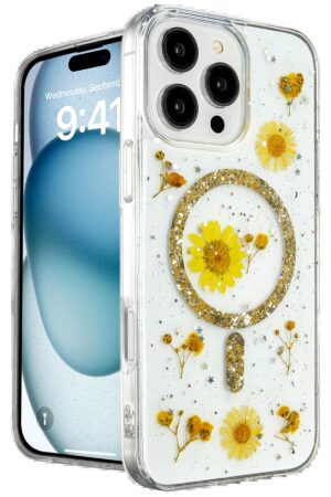 iPhone 16 Pro Max Kılıf Daisy Simli Magsafe Kapak - Gold-(5796)