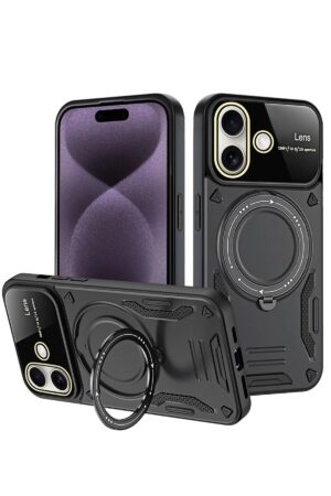 iPhone 16 Kılıf Joy Lens Standlı Kapak - Siyah-(5796)